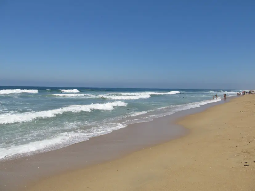 Waves breaking along the long sandy shore of Bolsa Chica State Beach, with people at the water’s edge in the distance
